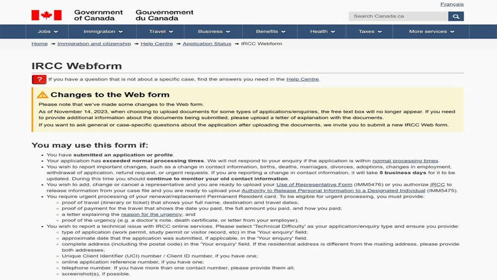 دستورالعمل های وب فرم IRCC