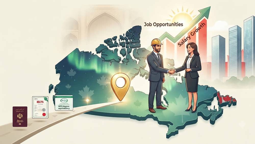یک تصویر هنری مفهومی دیجیتال که مسیر مهاجرت موفق مهندسان ایرانی به کانادا را نشان می دهد، با نمایش مدارک مورد نیاز، ورود به نقشه کانادا، استقبال توسط همکاران کانادایی و نمودارهای رشد شغلی و حقوق در پس زمینه ای از معماری ایرانی و کانادایی.