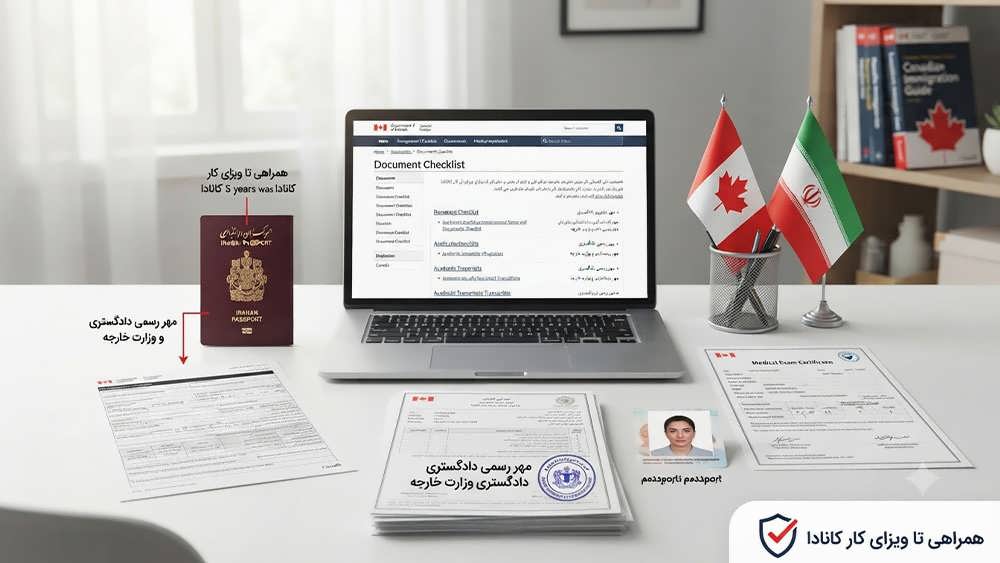 چک لیست مدارک ویزای کار کانادا شامل پاسپورت، ترجمه رسمی مدارک، فرم های بیومتریک و معاینات پزشکی با همراهی کاراویزا.