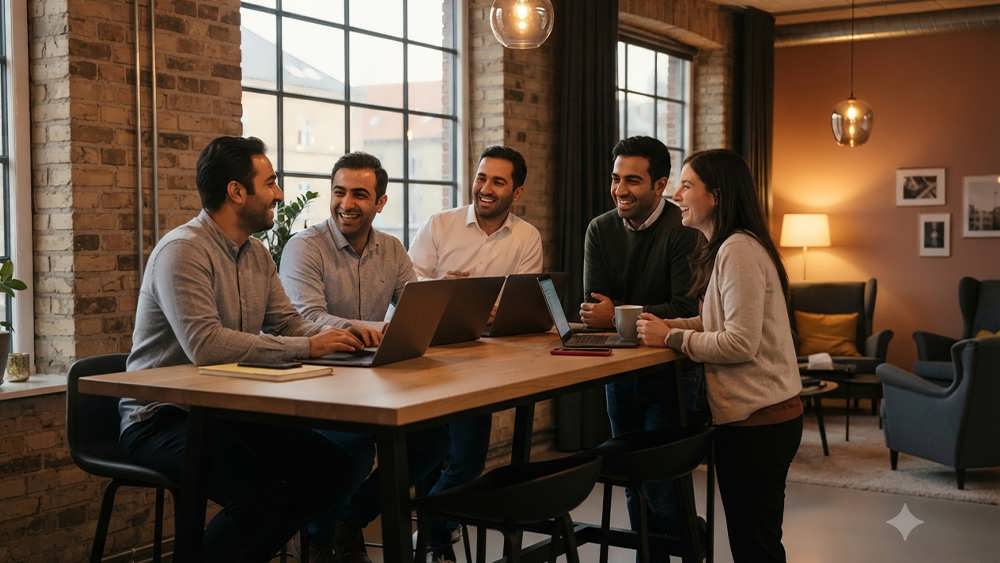 یک تیم متنوع متشکل از پنج متخصص، از جمله یکی از آنها با اصالت ایرانی، در یک دفتر کار مدرن، دنج (hygge) با پلان باز در کپنهاگ، دور یک میز جمعی با هم همکاری و گپ می زنند، که نمادی از سلسله مراتب مسطح و فرهنگ کاری غیررسمی دانمارک است.