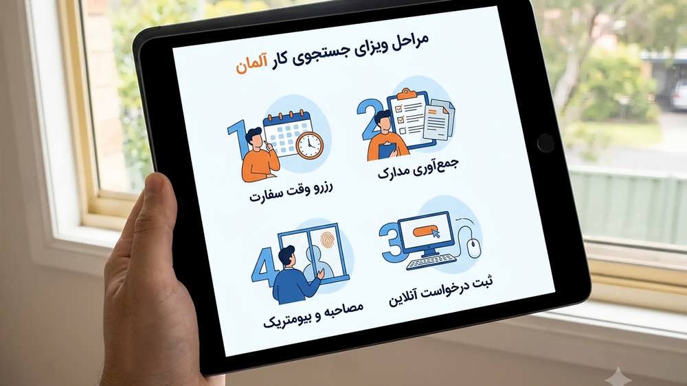 موکاپ تبلت نمایشگر وب سایت کاراویزا برای مراحل گام به گام درخواست ویزای جستجوی کار آلمان - Germany Jobseeker Visa Application Karavisa Website