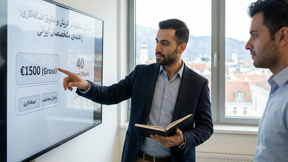متخصص ایرانی در حال بررسی حقوق و ساعات کاری در دفتر مهندسی در اتریش، نماد شفافیت دستمزد.