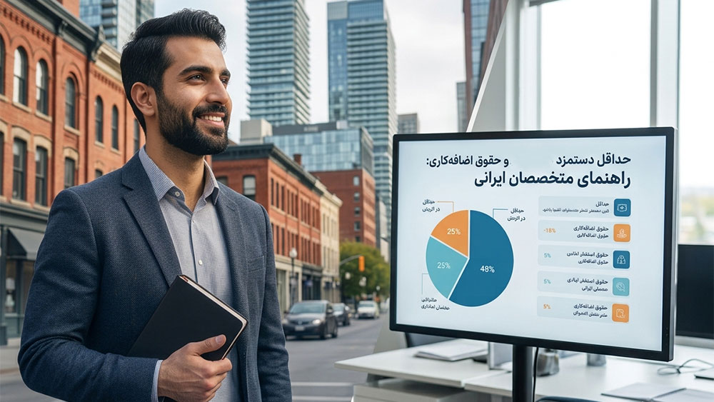 متخصص ایرانی در حال بررسی حقوق و ساعات کاری در دفتر مهندسی در کانادا، نماد شفافیت دستمزد.