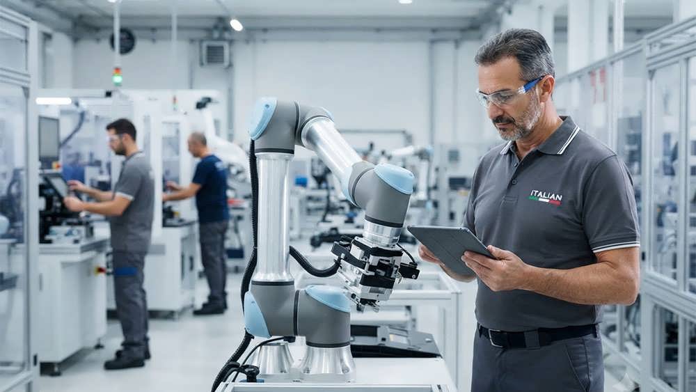 مدیر تولید ایتالیایی که در یک کارخانه مدرن با سیستم های اتوماسیون کار می کند.