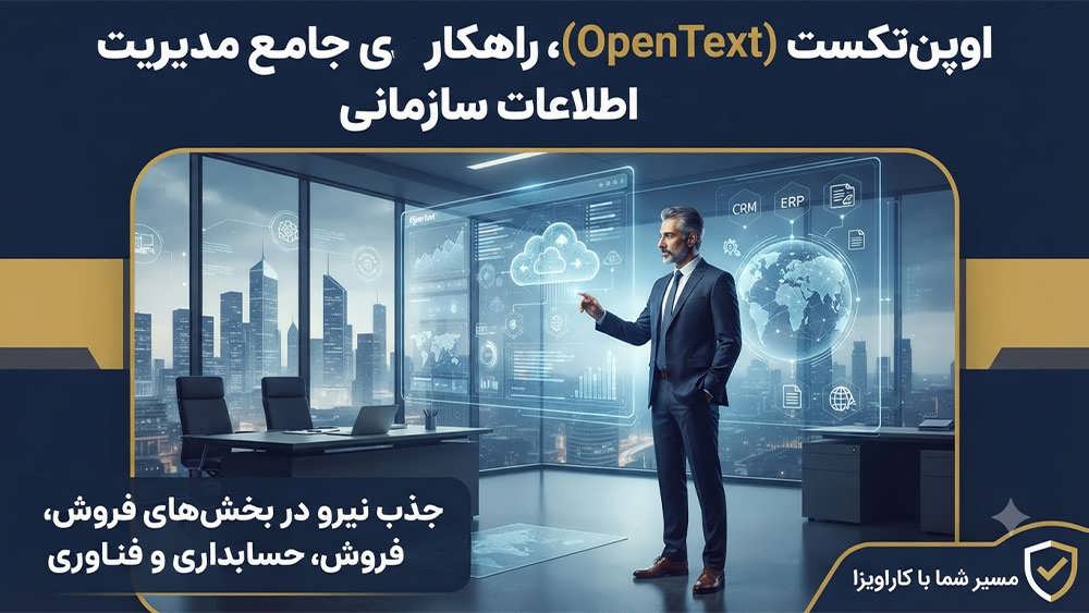 اینفوگرافیک شرکت اوپن تکست (OpenText)، مدیریت اطلاعات سازمانی، استخدام متخصصان فروش، حسابداری و فناوری با راهنمایی کاراویزا.