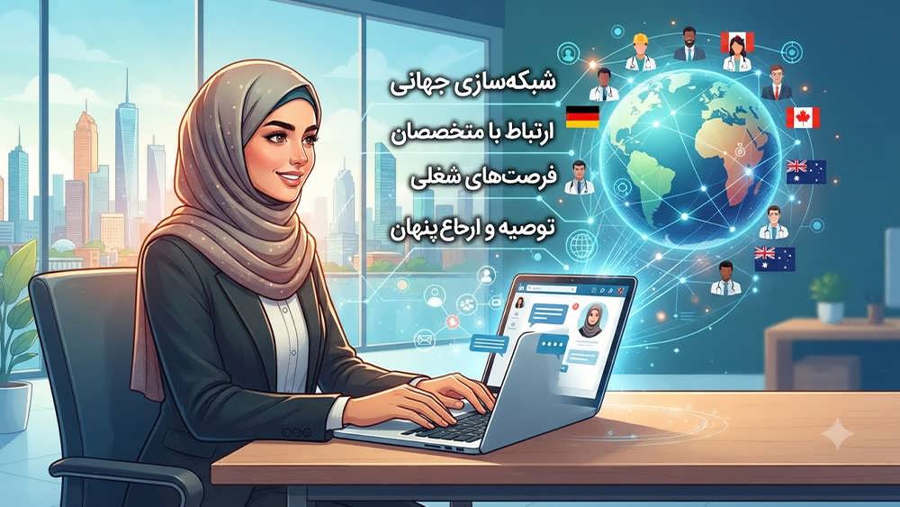 زن متخصص ایرانی در حال شبکه سازی حرفه ای روی لپ تاپ در یک دفتر کار مدرن برای ارتباط با متخصصان جهانی و یافتن شغل.
