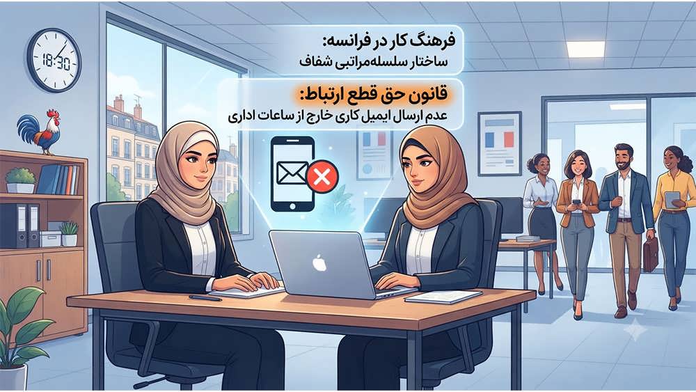 متخصص ایرانی در دفتر کار مدرن در لیون در حال ترک محل کار پس از ساعت اداری، نمایشگر قانون حق قطع ارتباط و عدم ارسال ایمیل کاری.