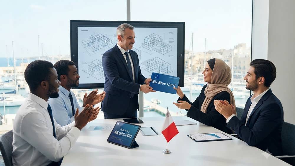 یک مدیر ارشد در حال اعطای کارت آبی اتحادیه اروپا به یک متخصص فناوری اطلاعات ایرانی (با روسری) در یک کنفرانس تجاری مدرن در مالت، که نمادی از جذب استعدادهای ماهر و پویایی اتحادیه اروپا است.