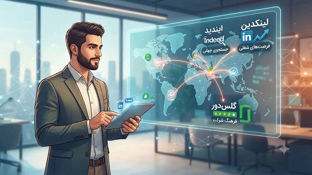 جستجوی فرصت های شغلی بین المللی در پلتفرم های لینکدین، ایندید و گلس دور توسط متخصص IT ایرانی.