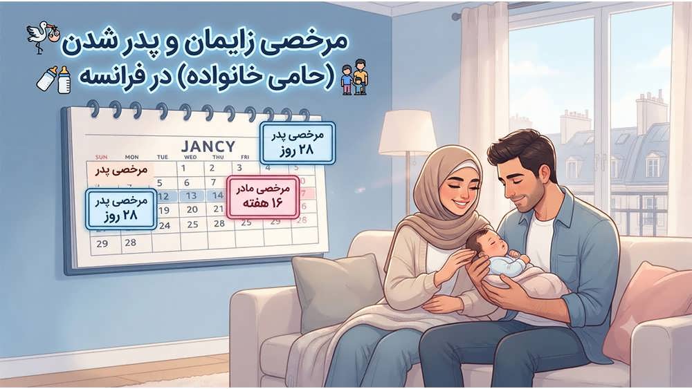 زوج متخصص ایرانی در خانه در فرانسه در کنار نوزاد، نمایشگر تقویم با مدت زمان مرخصی زایمان مادر و پدر (۲۸ روز).