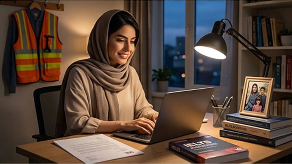 مهندس هوافضا در حال بررسی گزارش WES و کتاب آیلتس برای مهاجرت به کانادا.