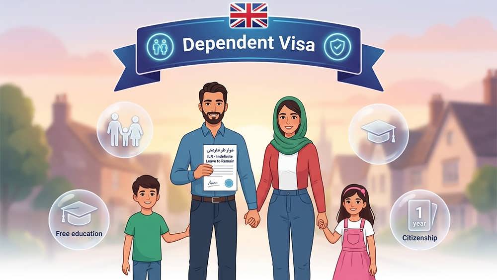 تصویر گرافیکی مزایای ویزای همراه انگلستان، اقامت دائم ILR و تحصیل رایگان فرزندان - UK Dependent Visa and ILR Benefits