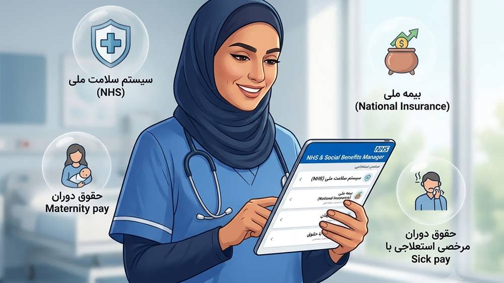 تصویر گرافیکی مزایای شغلی بریتانیا، سیستم NHS و تامین اجتماعی برای کارمندان - UK Employee Social Benefits and NHS