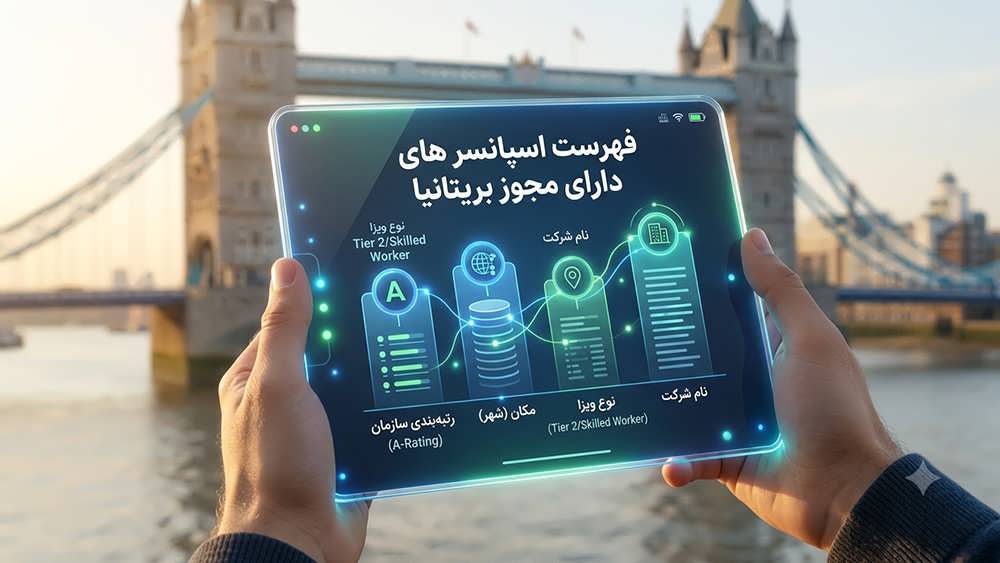 تصویر گرافیکی فهرست رسمی کارفرمایان دارای مجوز اسپانسرشیپ ویزای Tier 2 انگلستان - UK Register of Sponsors Karavisa List