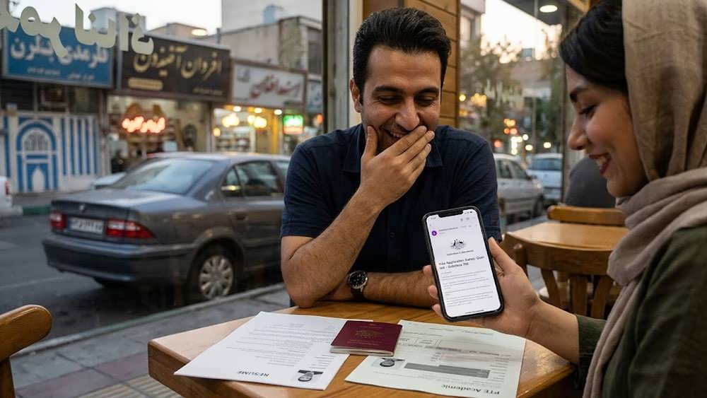 زوج ایرانی در کافه با لبخند به گوشی نگاه می کنند و خبر قبولی ویزای کار استرالیا را جشن می گیرند.