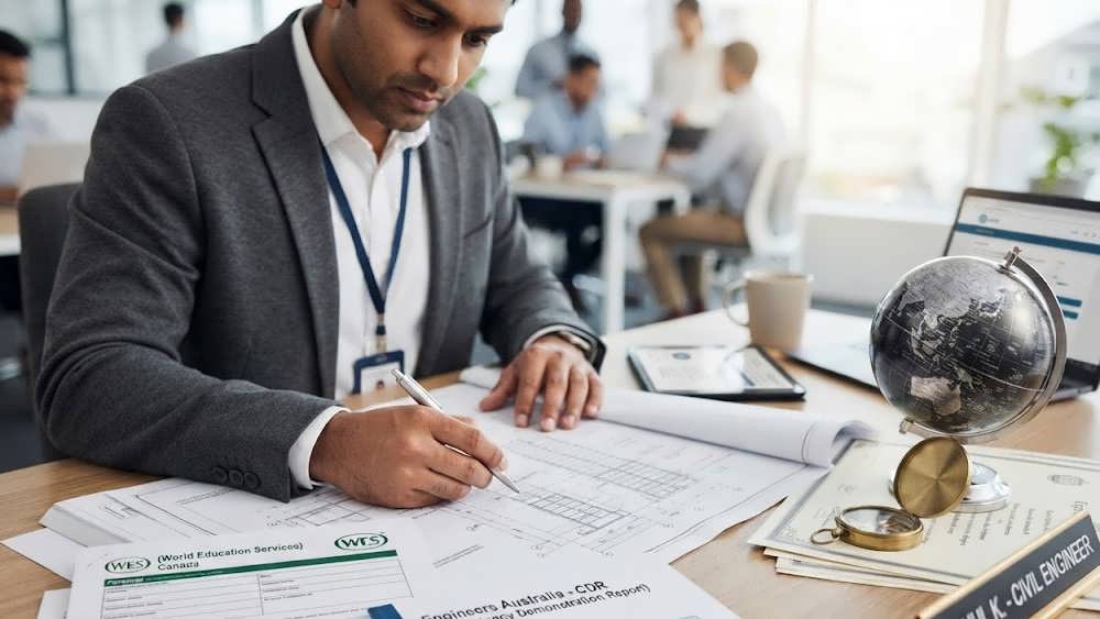 مهندس در حال بررسی نقشه ها و اسناد ارزیابی مهندسی