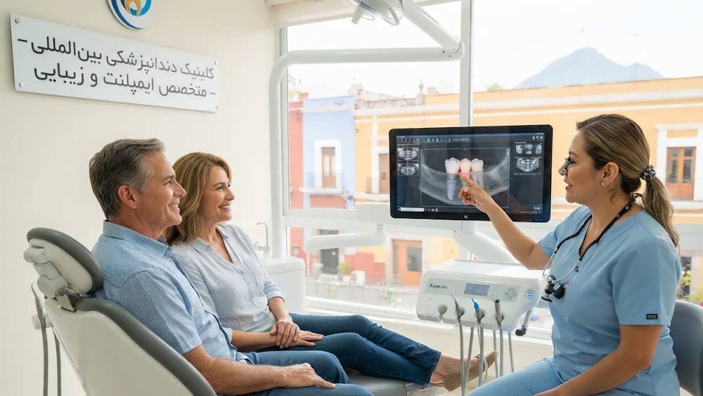 دندانپزشک مجارستانی در حال معاینه بیمار در کلینیک مدرن بوداپست.