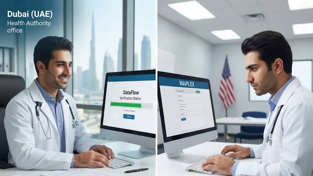 مقایسه مراحل DataFlow (امارات) و آزمون NAPLEX (آیکا) برای داروسازان