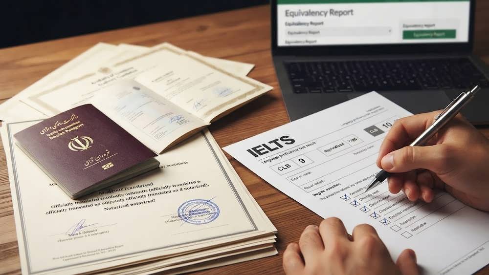مدارک مورد نیاز مهاجرت شامل پاسپورت، مدرک تحصیلی و آیلتس روی میز کار