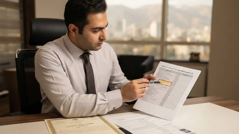 مهندس ایرانی در حال بررسی لیست مشاغل ویزای E-7 در دفتر تهران