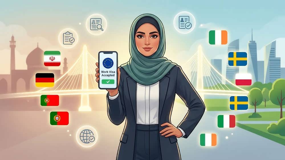 یک تصویر مفهومی از یک زن متخصص ایرانی با مقنعه و لباس رسمی، با خوشحالی روی یک پل روشن ایستاده است. تابلوهای "کشورهای اروپایی با پذیرش ویزای کار آسان" و پرچم‌های کشورهای مورد بحث (آلمان، پرتغال، سوئد، ایرلند، هلند، دانمارک، فنلاند، نروژ) در کنار پل قرار دارند و به سمت یک شهر اروپایی مدرن راهنمایی می‌کنند. جو آرام و مثبت است
