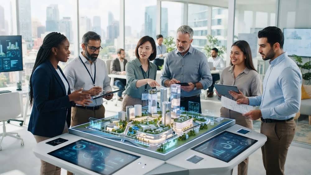 همکاری مهندسان در دفتر کار مدرن و پیشرفته
