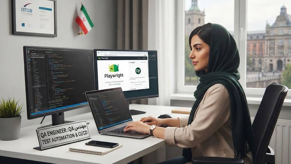 مهندس QA در دفتر کار خانگی با مانیتورهایی که کد اتوماسیون تست و CI/CD را نمایش می دهند.