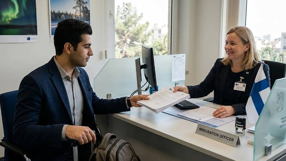 تحویل مدارک ترجمه شده و قرارداد کاری فنلاند توسط متقاضی ایرانی به افسر ویزا