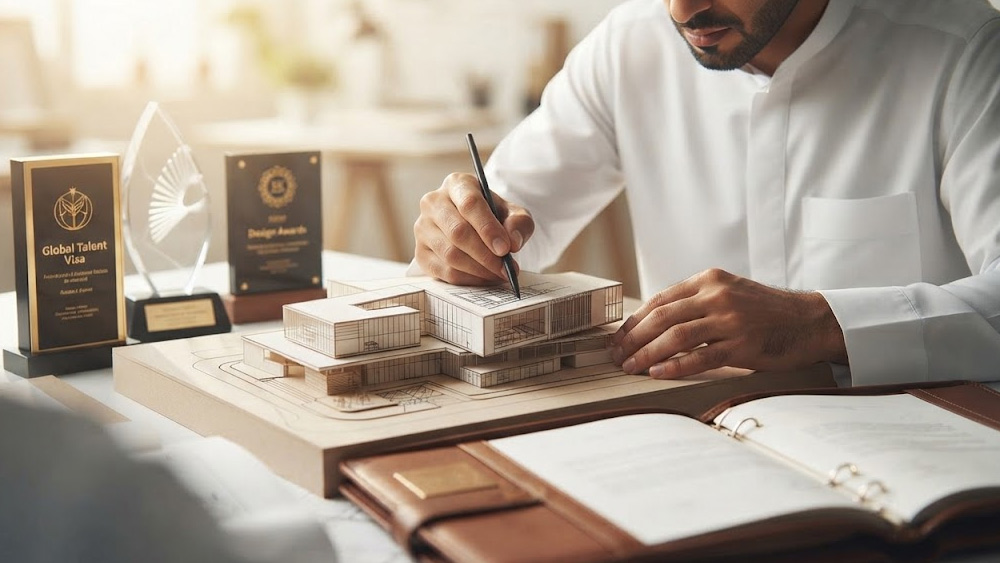 معمار در حال کار روی ماکت و جوایز معماری در کنار آن