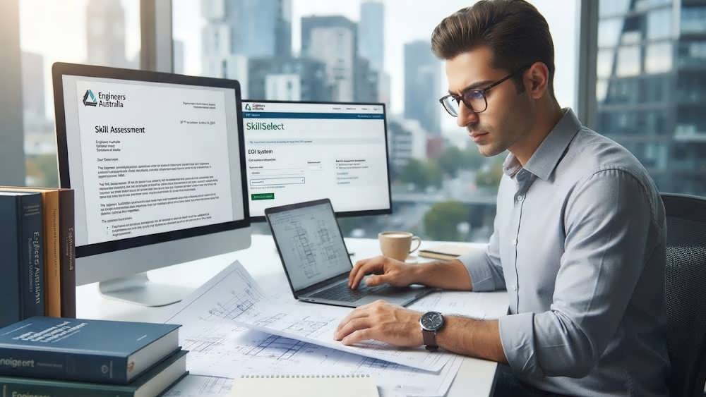 مهندس عمران در حال بررسی تاییدیه مهارت EA در دفتر کار ملبورن