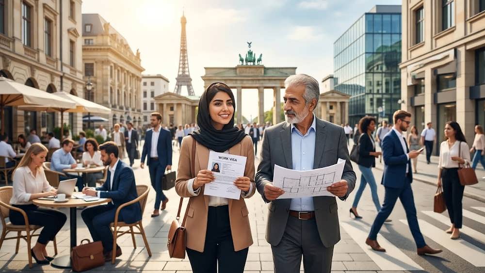 متخصصان ایرانی با مدارک ویزا و نقشه های مهندسی در یک میدان اروپایی قدم می زنند، با لوگوی کاراویزا.