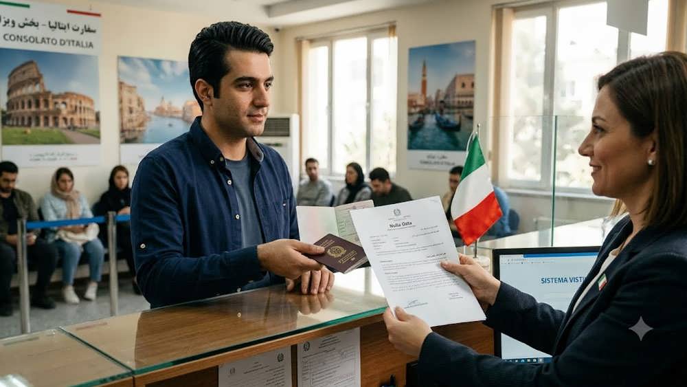 نمای نزدیک از مدارک لازم برای ویزای کاری ایتالیا شامل مجوز نولا اوستا، پاسپورت، قرارداد کاری و فرم ویزا جهت ارائه به سفارت