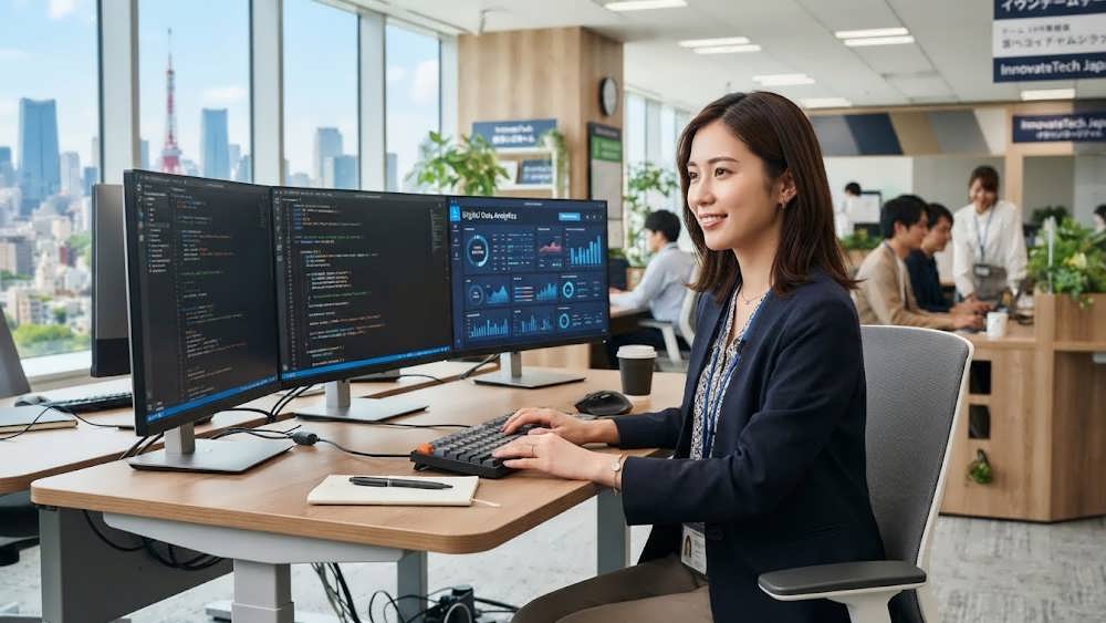 متخصص IT در حال کار در دفتر کار مدرن ژاپن