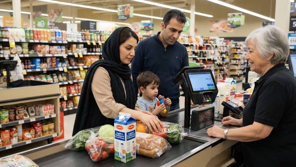 خانواده ایرانی در حال خرید از سوپرمارکت، نمادی از هزینه های زندگی در کانادا.