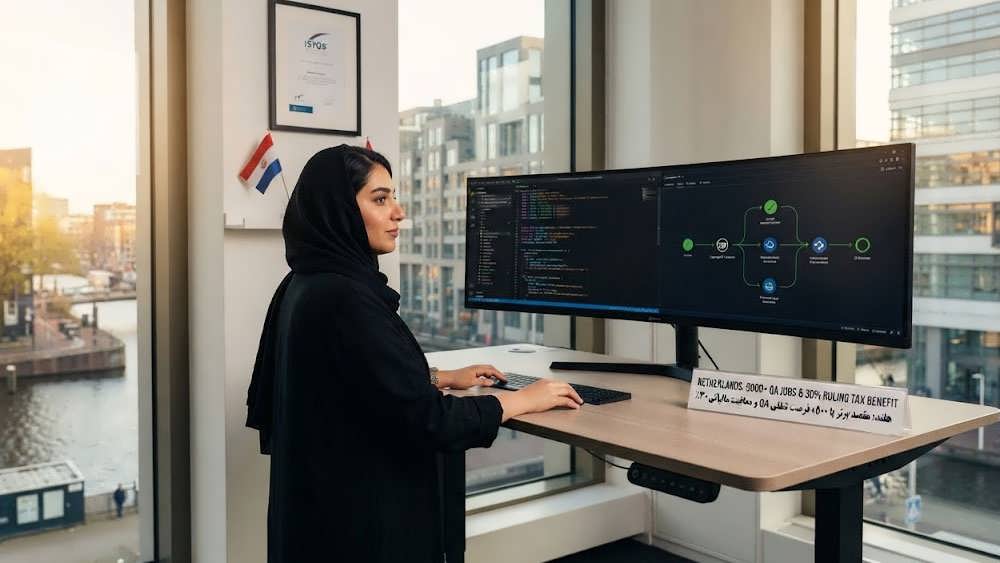 مهندس QA در دفتر کار شیک در آمستردام با کدهای Playwright و Cypress روی مانیتور.
