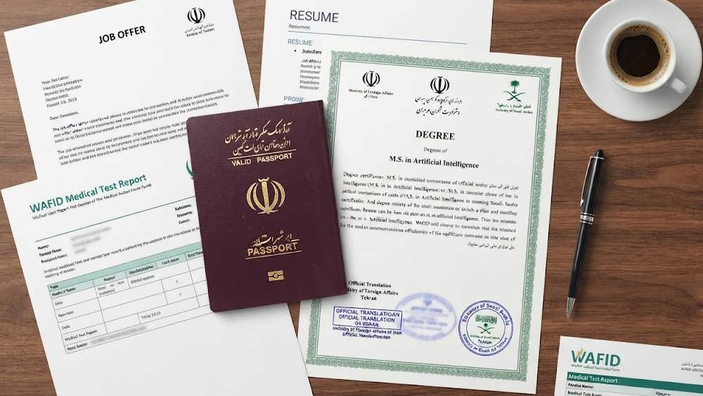 چیدمان مدارک ترجمه شده و تایید شده برای ویزای کار عربستان روی میز چوبی.