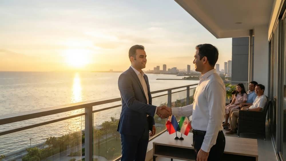 سرمایه گذار ایرانی در حال دست دادن با شریک فیلیپینی در بالکنی با چشم انداز خلیج مانیل