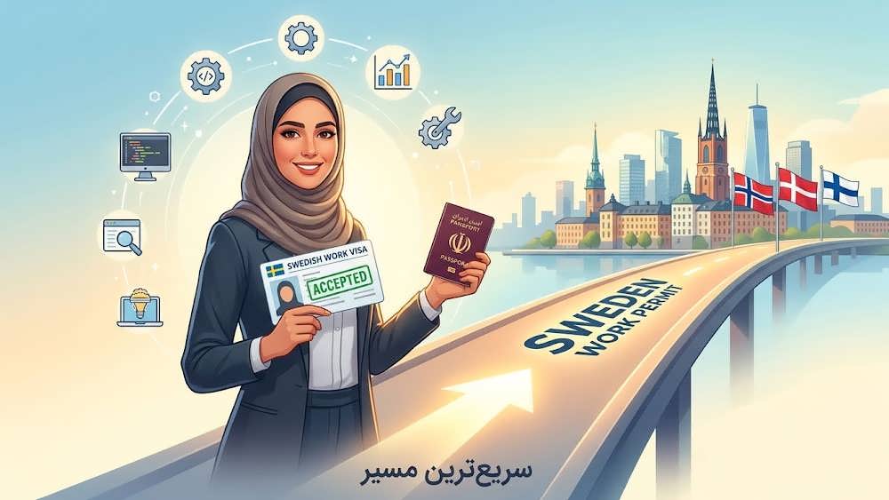 یک تصویر مفهومی از یک زن متخصص ایرانی با مقنعه و لباس رسمی، با خوشحالی روی یک پل روشن ایستاده است. او تاییدیه ویزای کار سوئد را در دست دارد و به سمت خط افق سوئد و پرچم‌های کشورهای نوردیک پذیرای ایرانیان (نروژ، دانمارک، فنلاند) اشاره می‌کند. جو آرام و مثبت است
