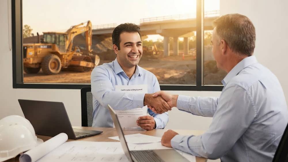 مهندس عمران ایرانی در حال امضای قرارداد جاب آفر در سایت پروژه در کوئینزلند