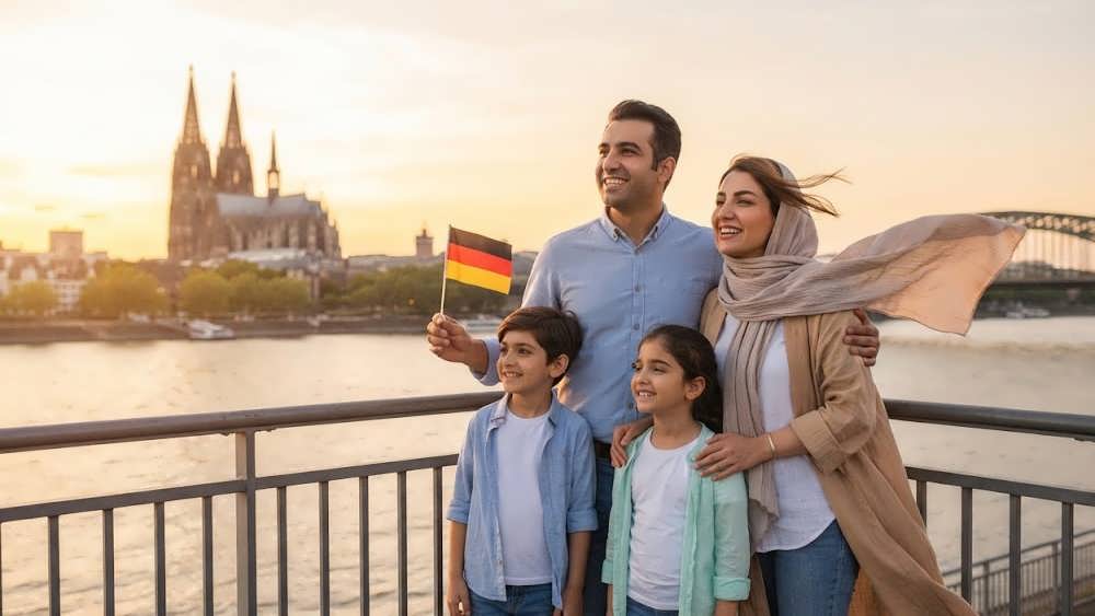 خانواده ایرانی شاد در کنار رود راین و کلیسای کلن هنگام غروب