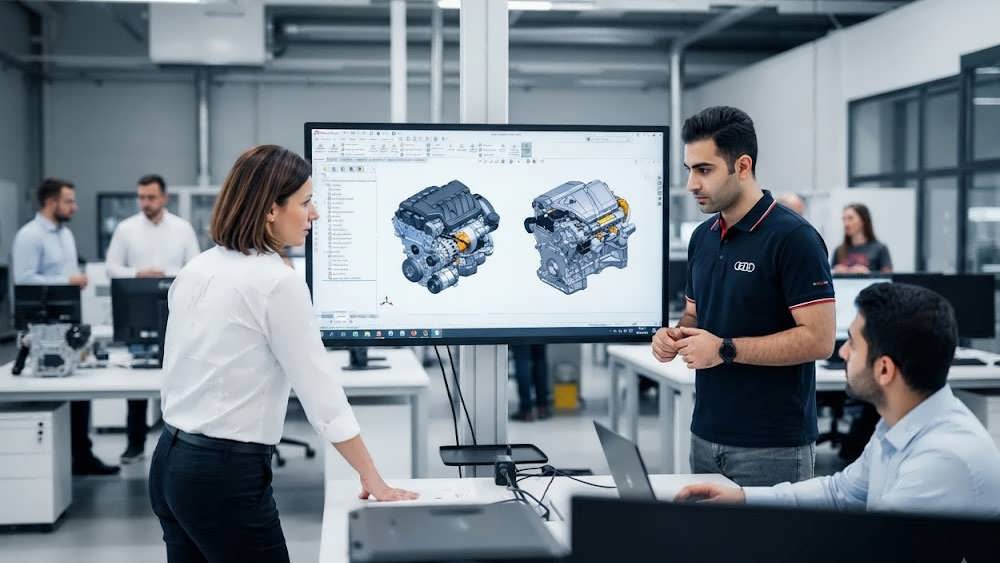مهندسان در حال همکاری در مرکز تحقیق و توسعه آئودی هنگاریا با فناوری پیشرفته