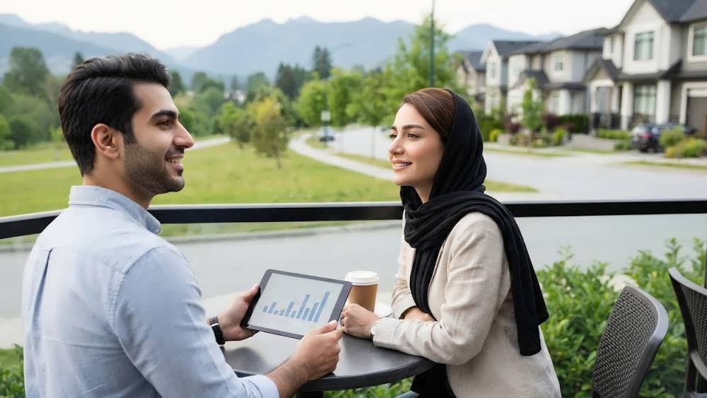 زوج ایرانی در حال استراحت در کافه، نمادی از کیفیت زندگی و تعادل کار و زندگی در کانادا.