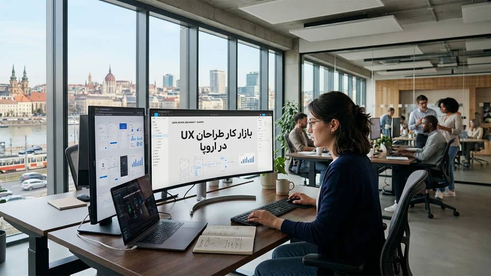  محیط مدرن فناوری در آلمان و اروپا، نشان دهنده طراحان مشغول به کار روی پروژه های دیجیتال همراه با نمایش متن فارسی روی تبلت یا مانیتور.