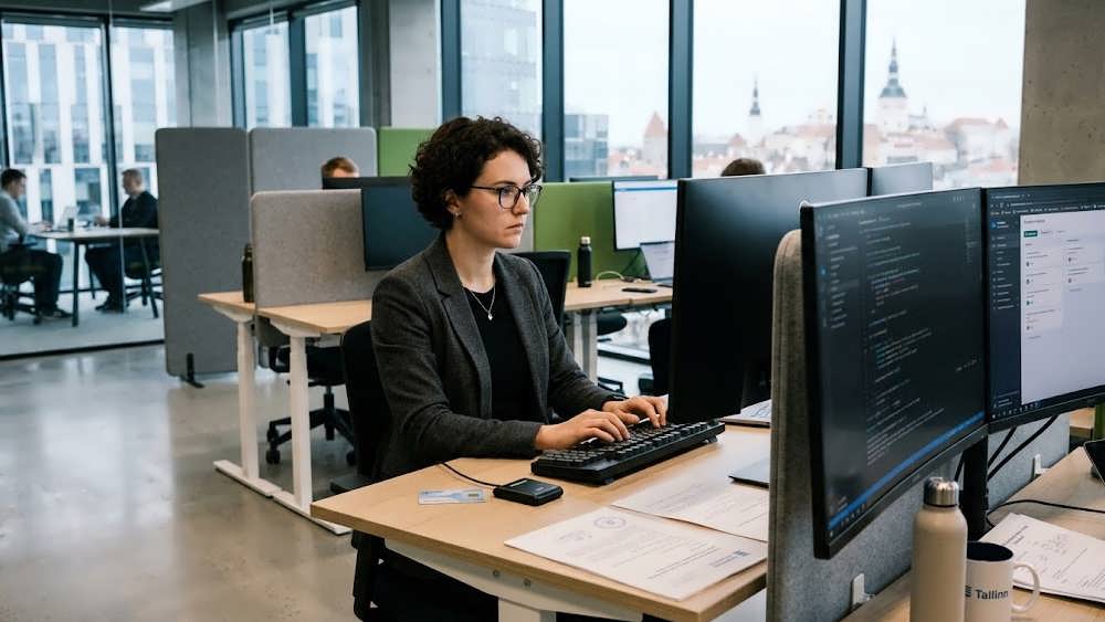 برنامه نویس و متخصص IT در حال کار با سیستم های دیجیتال در شرکتی در تالین استونی