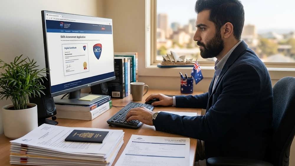 متخصص IT ایرانی در حال انجام ارزیابی ACS استرالیا با نمادهای مهارتی و ویزا