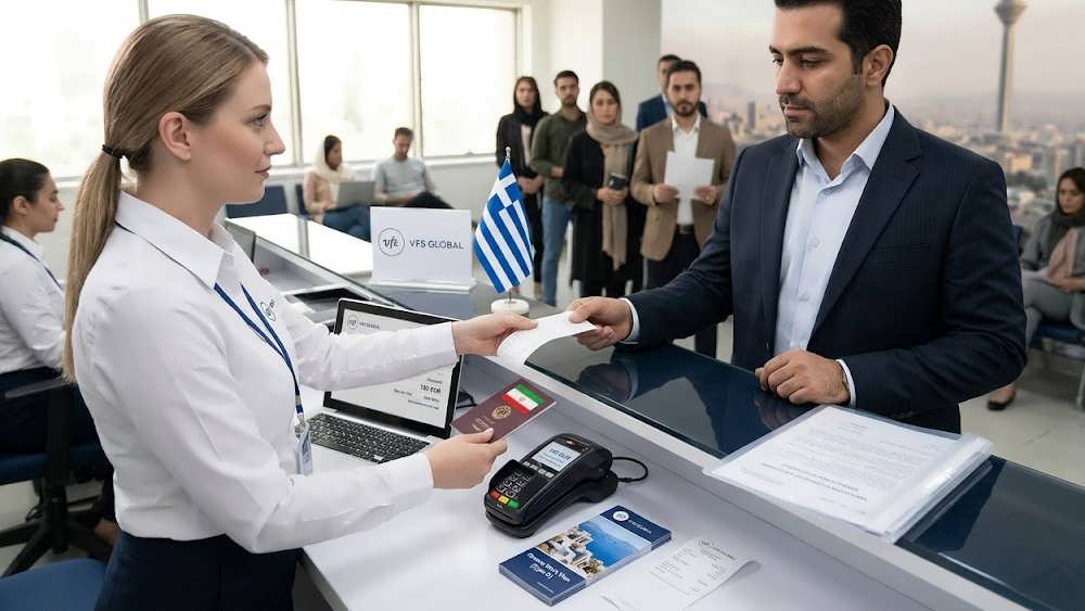 متقاضی ایرانی در حال پرداخت هزینه ویزای کار یونان در مرکز VFS