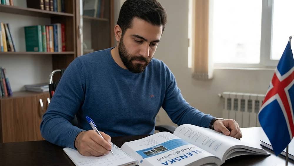 متقاضی ایرانی در حال مطالعه زبان ایسلندی برای اقامت دائم