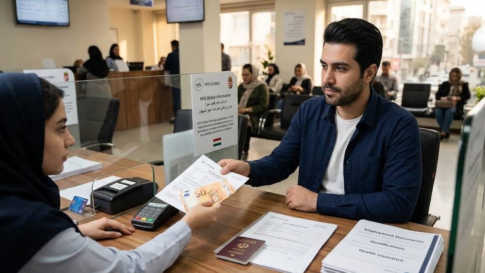 متقاضی ایرانی در VFS تهران هزینه ویزای مجارستان را با یورو نقد پرداخت می کند