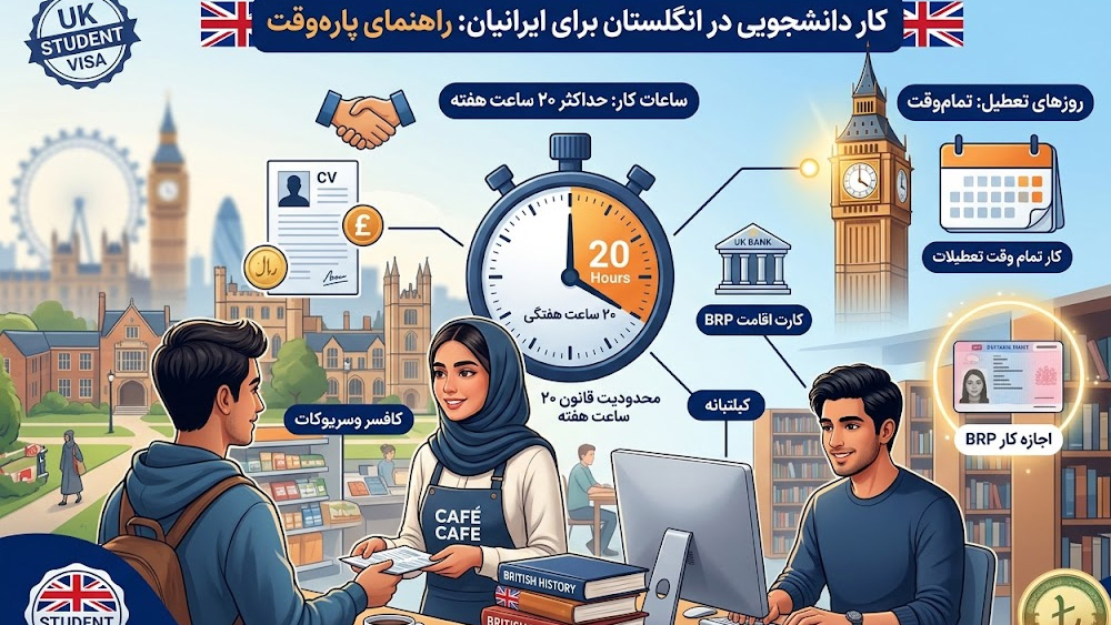 اینفوگرافیک فارسی از انواع مشاغل پاره وقت دانشجویی در انگلستان مانند دستیار کتابخانه و گارسون کافه