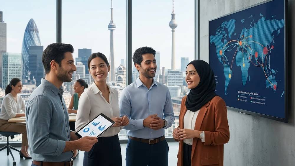 گروهی از متخصصان در حال بررسی داده های مهاجرت جهانی بر روی نقشه و تبلت در یک فضای کاری مدرن